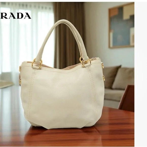 PRADA AUTHENTIC PEBBLED CREAM LEATHER HANDLE/CROSSBODY GOLD HARDWARE - Picture 2 of 12